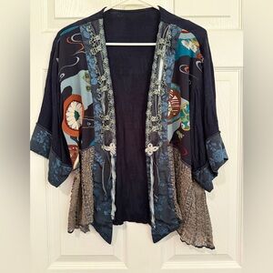 Vintage Made In the USA Large Blue Mixed Media Kimono Japanese Inspired Print